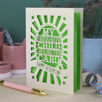 A laser cut funny Father's Day card with the cut out text, "My favourite child gave me this card. Happy Father's Day"