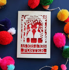 A personalised 1st Valentine's card with a laser cut design of two women making a heart shape, with a blank space for a personal message, and brightly coloured pom-pom decorations around it.