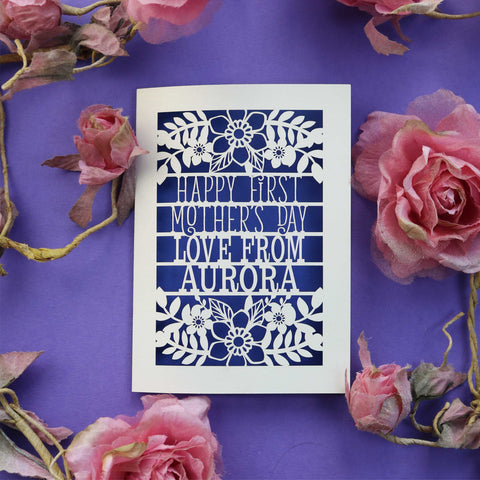 A laser cut 1st Mother's Day card with cut out text that says "Happy First Mother's Day, love from" and is personalised with a name - A5 / Violet