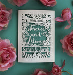 A personalised anniversary card that says Forever and Always, with a date and names .