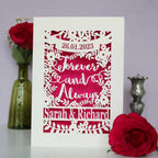 A personalised engagement card that says Forever and Always, and is personalised with a date and the names of the couple.