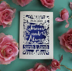 A laser cut anniversary card that says Forever and Always, and is personalised with a date and the names of the couple.