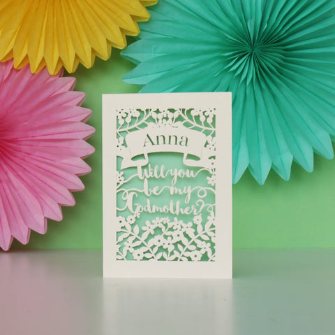 Personalised Papercut 'Be my Godmother?' Card - A6 (small) / Light Green