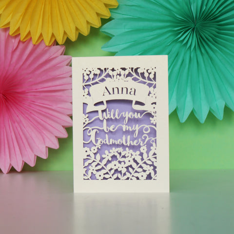 Personalised Papercut 'Be my Godmother?' Card - A6 (small) / Lilac