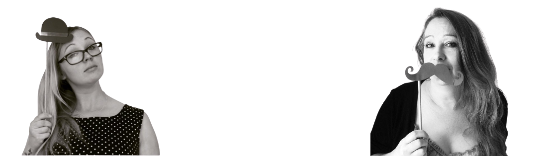 Black and white portraits of Gill and Emma- Pogofandango owners and makers of awesome laser cut greetings cards in the UK  