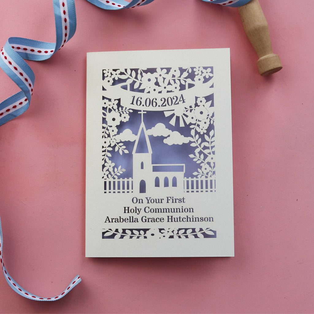 A personalised laser cut card for a First Holy Communion