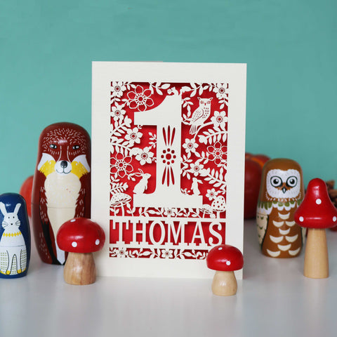 Personalised Papercut One Woodland Animals Birthday Card - A6 (small) / Bright Red