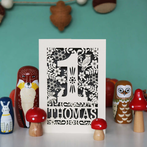 Personalised Papercut One Woodland Animals Birthday Card - A6 (small) / Urban Grey