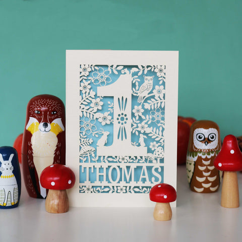 Personalised Papercut One Woodland Animals Birthday Card - A6 (small) / Light Blue