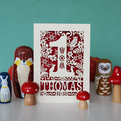 Personalised Papercut One Woodland Animals Birthday Card - A6 (small) / Dark Red