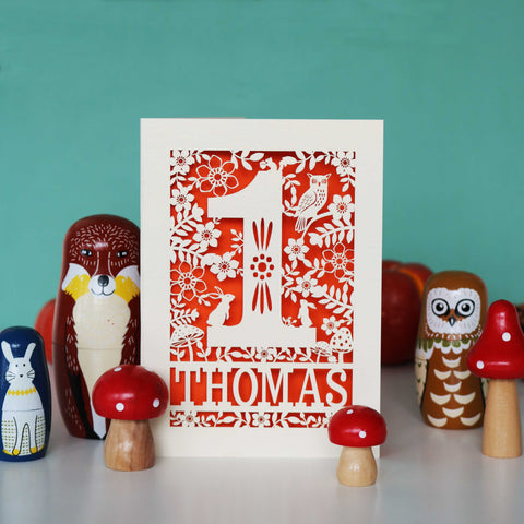 Personalised Papercut One Woodland Animals Birthday Card - A6 (small) / Orange