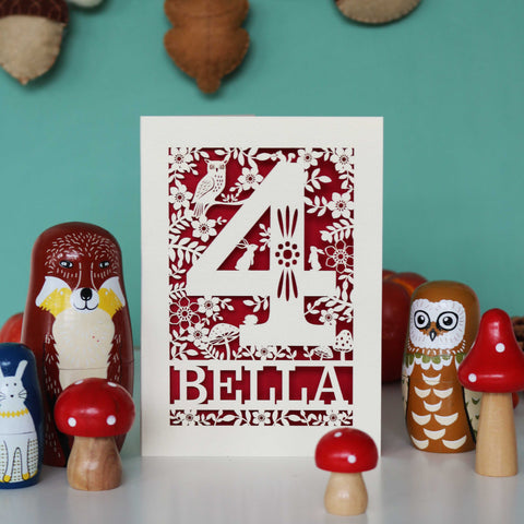 Personalised Papercut Four Woodland Animals Birthday Card - A6 (small) / Dark Red