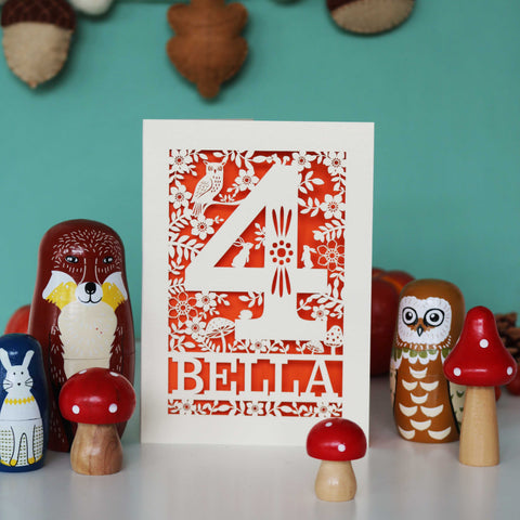 Personalised Papercut Four Woodland Animals Birthday Card - A6 (small) / Orange