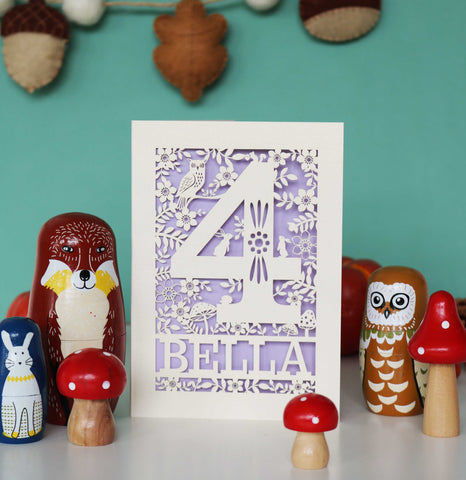 Personalised Papercut Four Woodland Animals Birthday Card - A6 (small) / Lilac