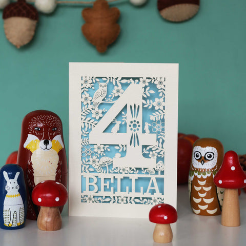 Personalised Papercut Four Woodland Animals Birthday Card - A6 (small) / Light Blue