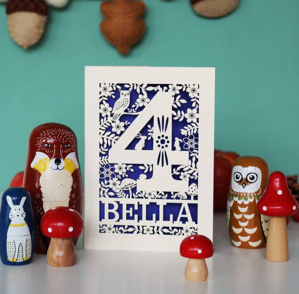 Personalised Papercut 4th Birthday Card - Woodland Design