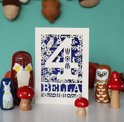 Personalised Papercut Four Woodland Animals Birthday Card - A6 (small) / Infra Violet