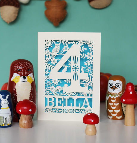 Personalised Papercut Four Woodland Animals Birthday Card - A6 (small) / Peacock Blue