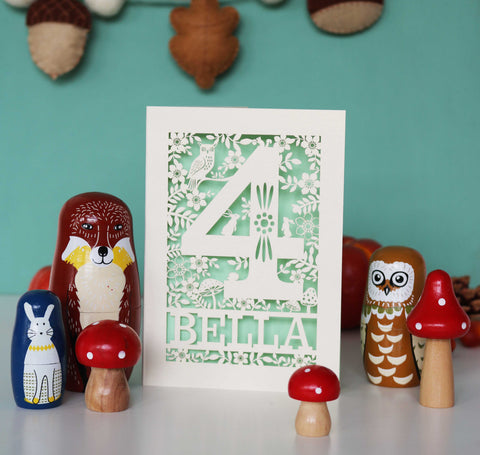 Personalised Papercut Four Woodland Animals Birthday Card - A6 (small) / Light Green