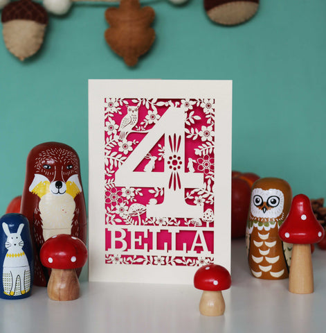 Personalised Papercut Four Woodland Animals Birthday Card - A6 (small) / Shocking Pink