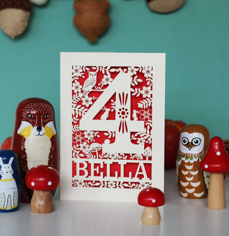 Personalised Papercut Four Woodland Animals Birthday Card - A6 (small) / Bright Red