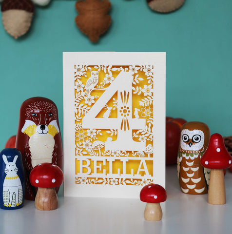 Personalised Papercut Four Woodland Animals Birthday Card - A6 (small) / Sunshine Yellow