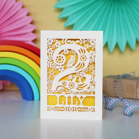 Personalised Papercut Two Woodland Animals Birthday Card - A6 (small) / Sunshine Yellow