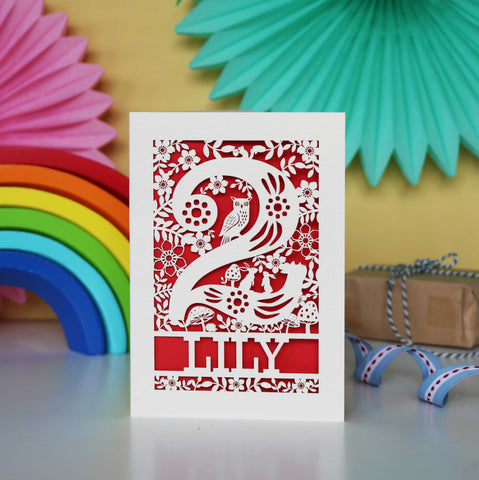 Personalised Papercut Two Woodland Animals Birthday Card - A6 (small) / Bright Red