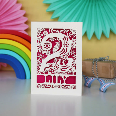 Personalised Papercut Two Woodland Animals Birthday Card - A6 (small) / Shocking Pink