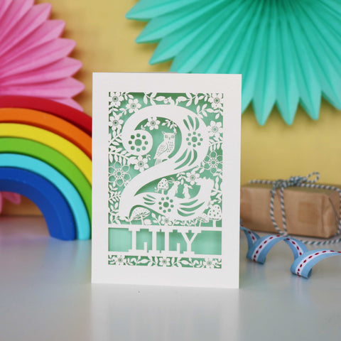 Personalised Papercut Two Woodland Animals Birthday Card - A6 (small) / Light Green