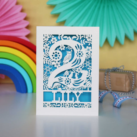 Personalised Papercut Two Woodland Animals Birthday Card - A6 (small) / Peacock Blue