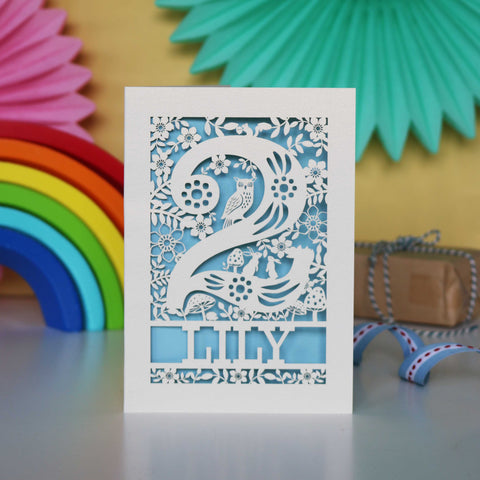Personalised Papercut Two Woodland Animals Birthday Card - A6 (small) / Light Blue