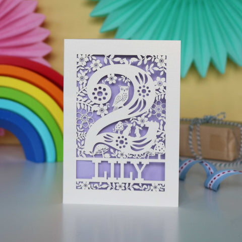 Personalised Papercut Two Woodland Animals Birthday Card - A6 (small) / Lilac