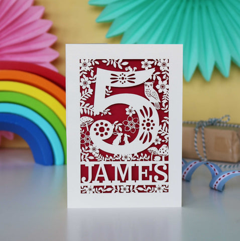 Personalised Papercut Five Woodland Animals Birthday Card - A6 (small) / Dark Red