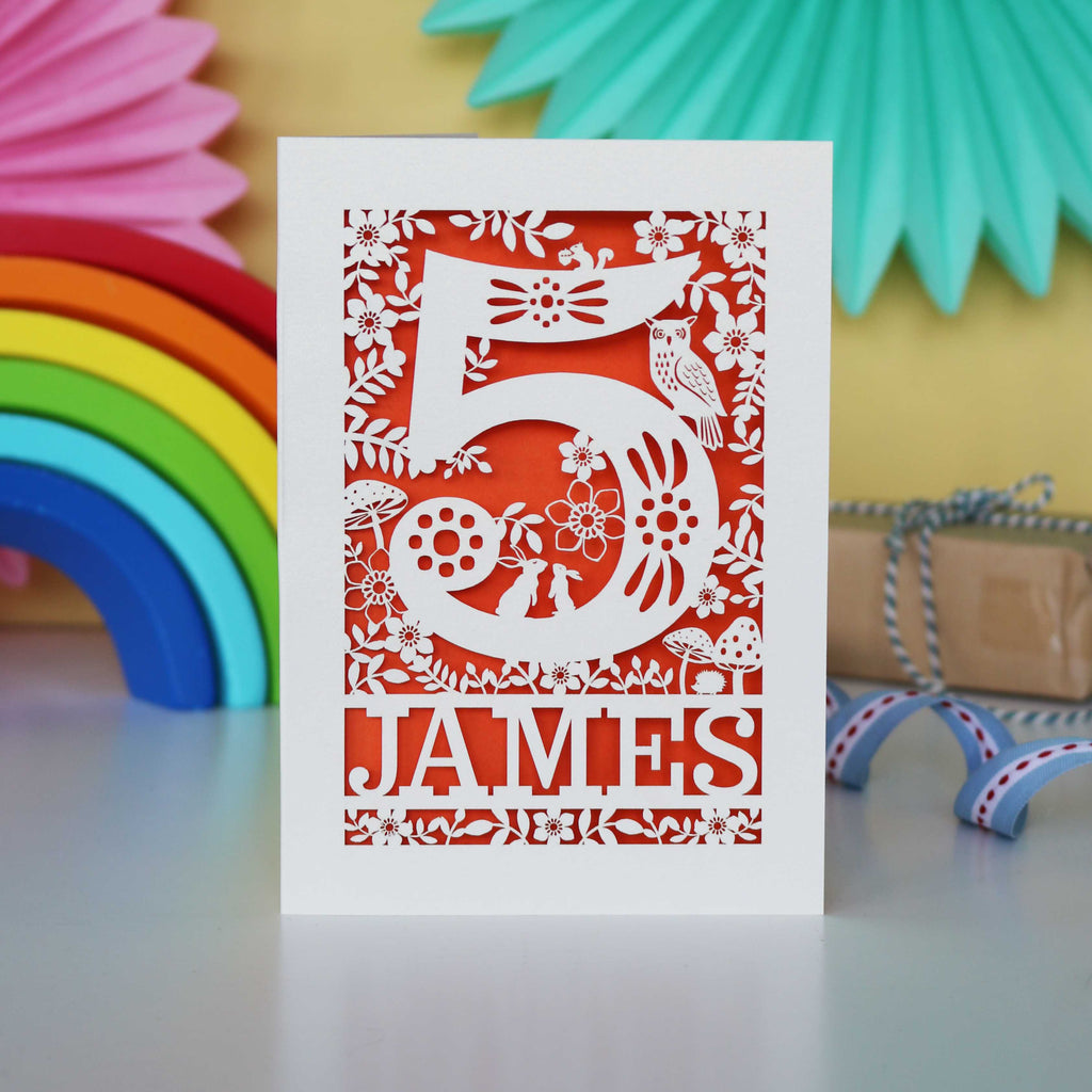 Personalised Papercut Five Woodland Animals Birthday Card