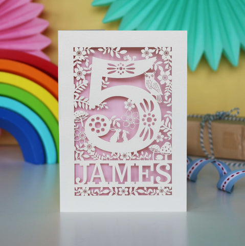 Personalised Papercut Five Woodland Animals Birthday Card - A6 (small) / Candy Pink