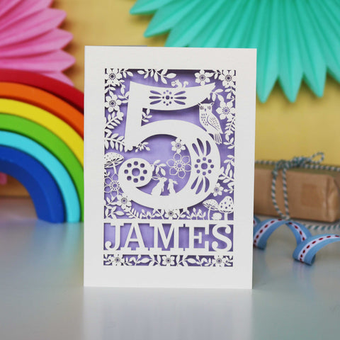 Personalised Papercut Five Woodland Animals Birthday Card - A6 (small) / Lilac