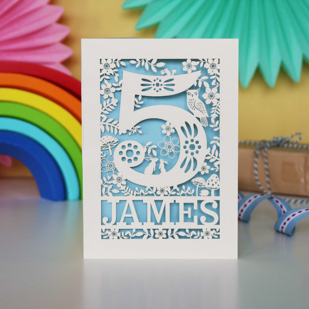 Personalised Papercut Five Woodland Animals Birthday Card