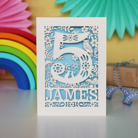 Personalised Papercut Five Woodland Animals Birthday Card - A6 (small) / Light Blue