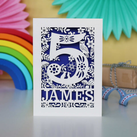 Personalised Papercut Five Woodland Animals Birthday Card - A6 (small) / Infra Violet