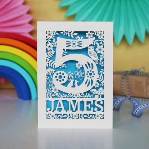 Personalised Papercut Five Woodland Animals Birthday Card - A6 (small) / Peacock Blue