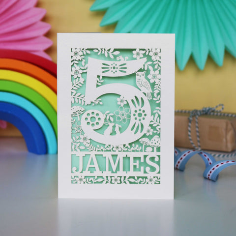 Personalised Papercut Five Woodland Animals Birthday Card - A6 (small) / Light Green