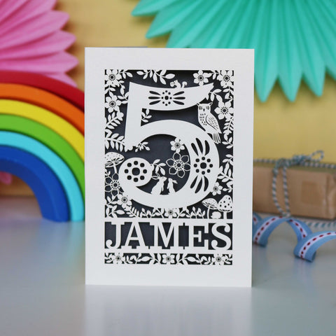 Personalised Papercut Five Woodland Animals Birthday Card - A6 (small) / Urban Grey