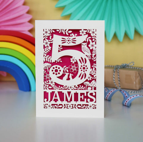 Personalised Papercut Five Woodland Animals Birthday Card - A6 (small) / Shocking Pink