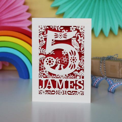 Personalised Papercut Five Woodland Animals Birthday Card - A6 (small) / Bright Red