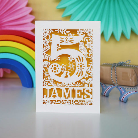 Personalised Papercut Five Woodland Animals Birthday Card - A6 (small) / Sunshine Yellow