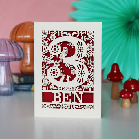 Personalised Papercut Three Woodland Animals Birthday Card - A6 (small) / Dark Red
