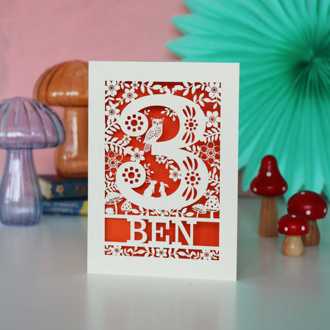 Personalised Papercut Three Woodland Animals Birthday Card - A6 (small) / Orange