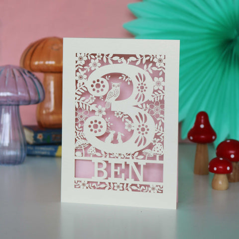 Personalised Papercut Three Woodland Animals Birthday Card - A6 (small) / Candy Pink