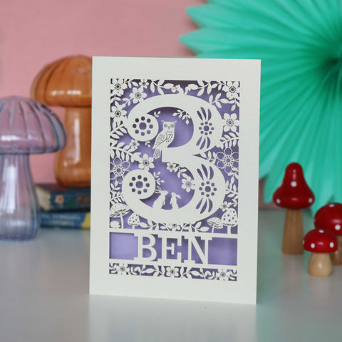 Personalised Papercut Three Woodland Animals Birthday Card - A6 (small) / Lilac
